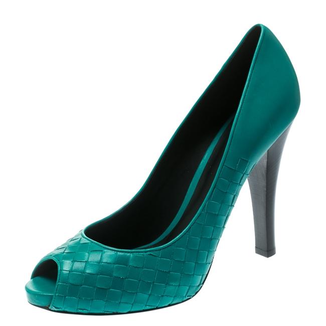 Bottega Veneta Green Leather Intrecciato Peep Toe Platform41 Pumps