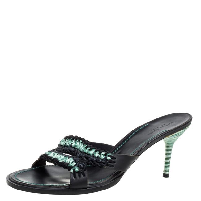 Bottega Veneta GreenBlack Raffia and Satin Open Toe Slide41 Sandals