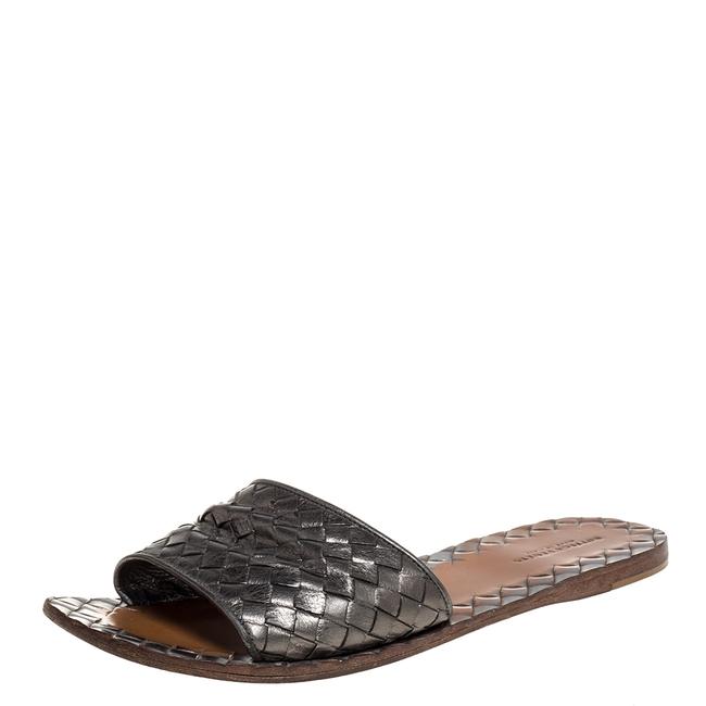 Bottega Veneta Metallic Grey Intrecciato Leather Slide39 Flats