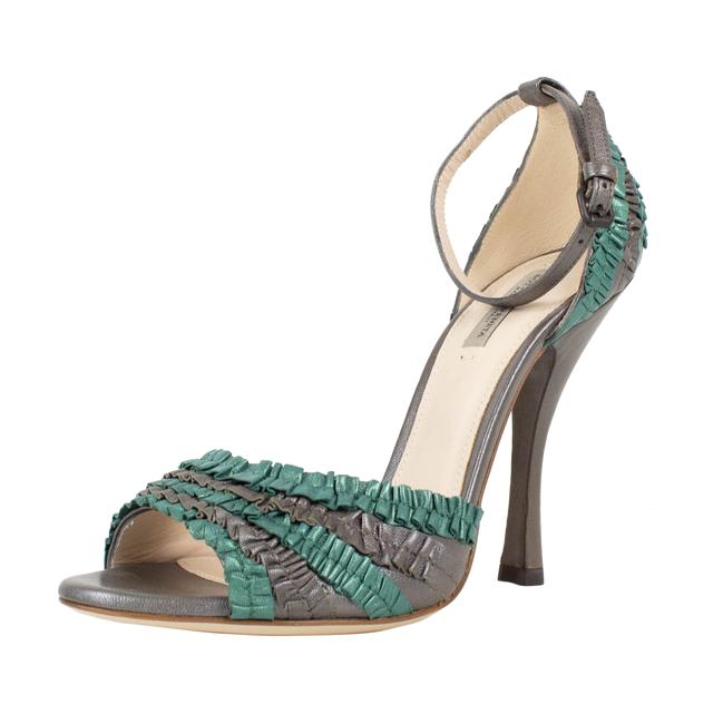 Bottega Veneta Teal Shadow with Ruffles Open Toe Pumps