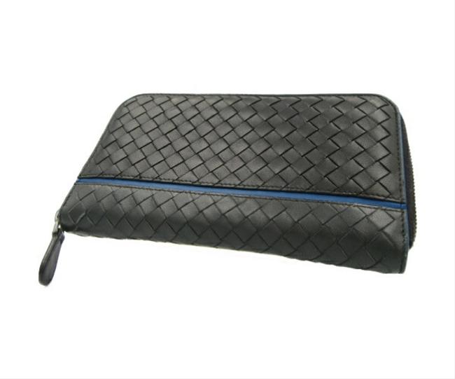 Bottega Veneta BlackBlue Intrecciato Round Zipper Wallet