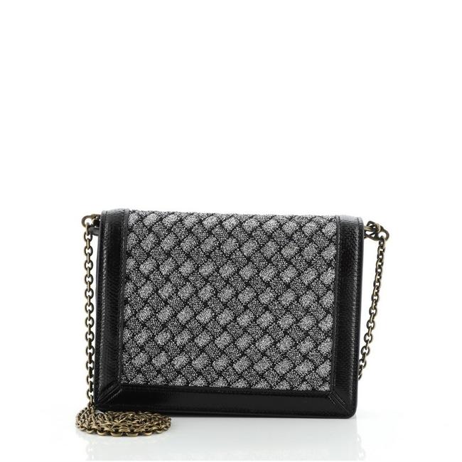 Bottega Veneta Black Silver on Chain Flap Intrecciato Knitted Lurex Wallet