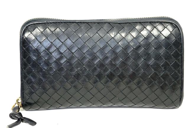 Bottega Veneta Dark Blue Intrecciato Woven Black Leather Zip Around Wallet