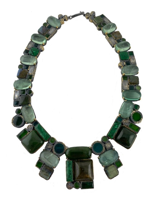 Bottega Veneta Green Oxidized Silver Multi Stone Necklace