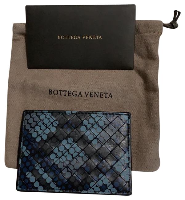 Bottega Veneta Grey and Black and Blue Dots Woven Leather Card Case Wallet