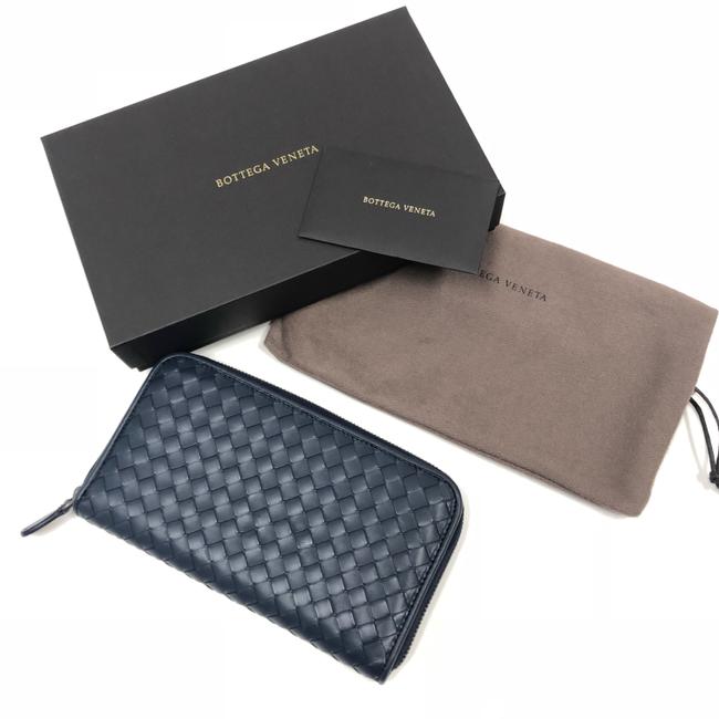 Bottega Veneta Light Tourmaline Navy Blue Zip Around Calf Leather Wallet