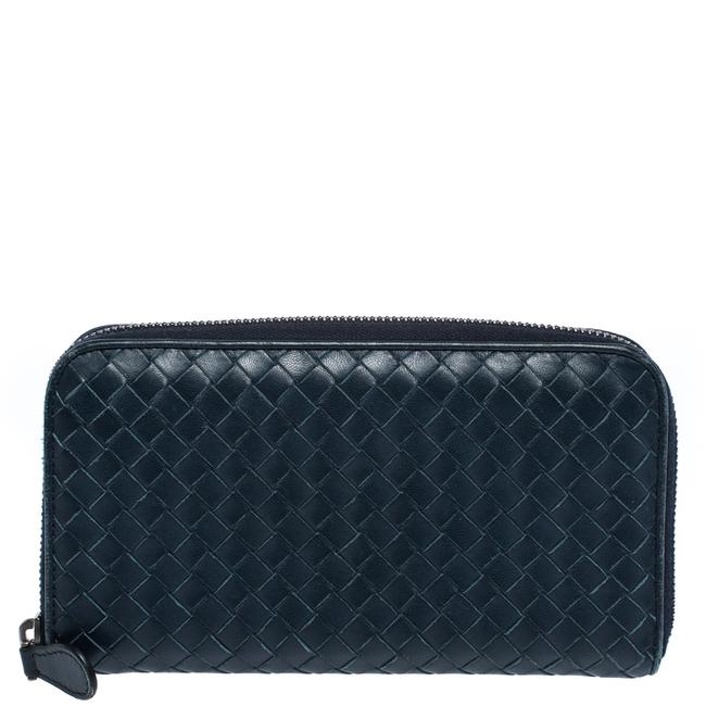 Bottega Veneta Navy Blue Leather Zip Around Wallet