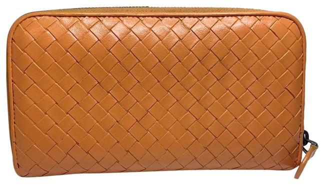 Bottega Veneta Orange Intrecciato Zip around Leather Wallet