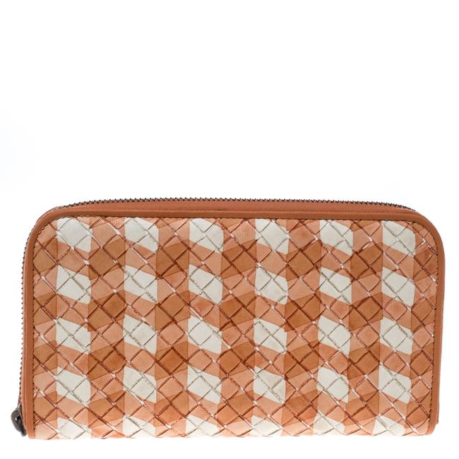 Bottega Veneta OrangeWhite Intrecciato Leather Zip Around Wallet