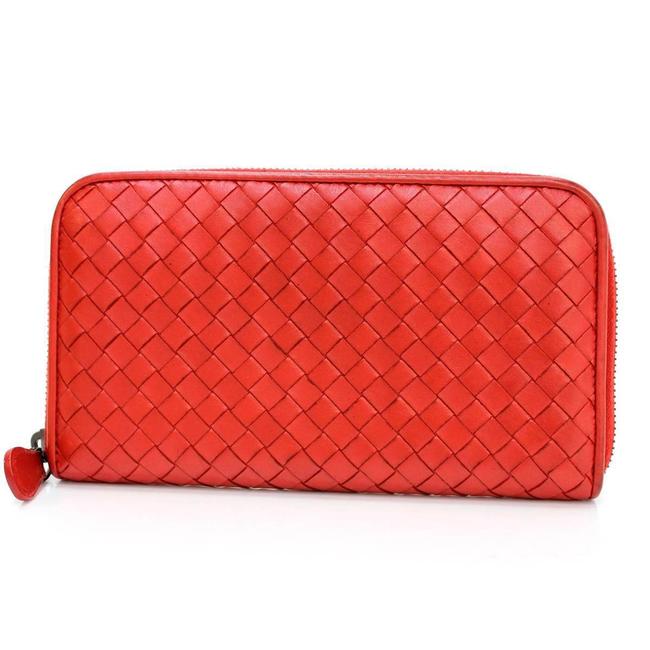 Bottega Veneta Red Color Long Intrechart Round Fastener Leather Wallet
