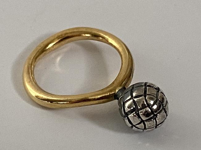 Bottega Veneta Silver Intrecciato Weave Ball Sterling Yellow Gold Ring