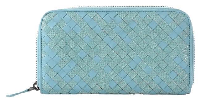 Bottega Veneta Blue Woven Leather Zip Around Wallet