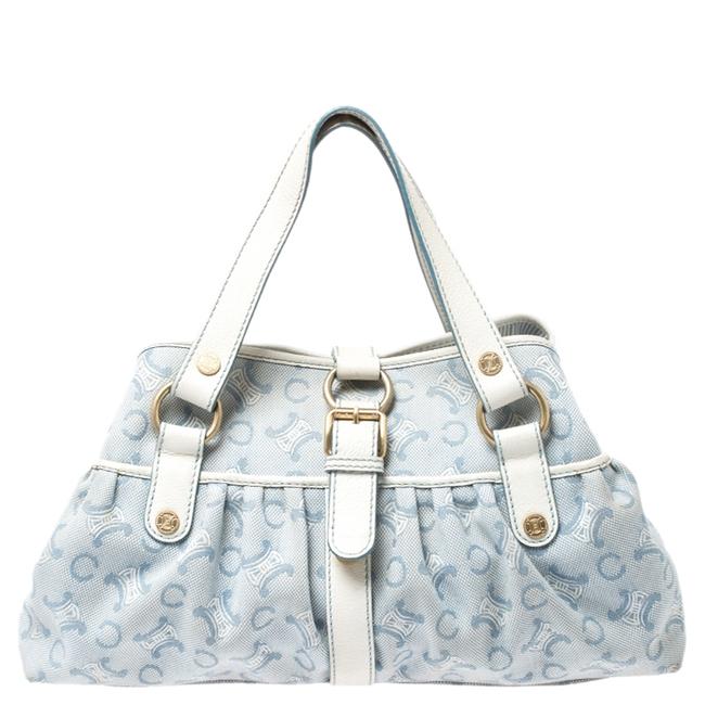 Celine BlueWhite Monogram Canvas and Leather Satchel