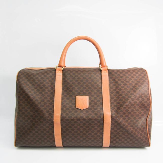 Celine Boston Bag Macadam Unisex BeigeBrownDark Brown LeatherPvc Satchel