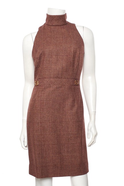 Celine BurgundyTan Houndstooth 38 Mid length WorkOffice Dress6 S