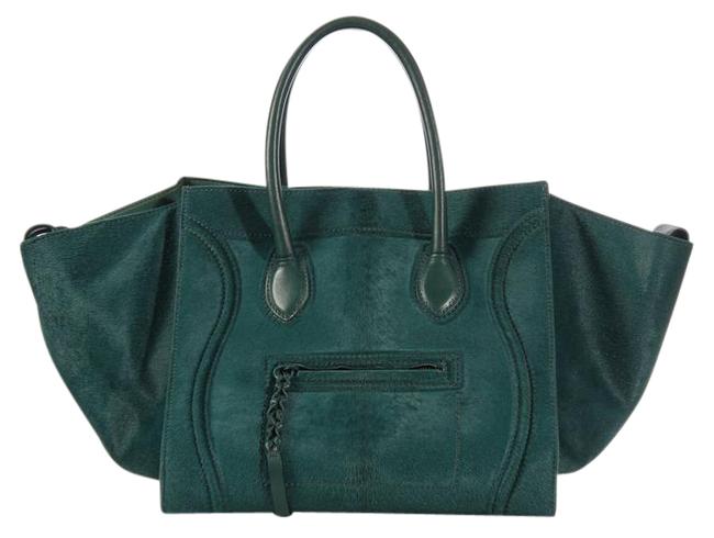 Celine Luggage Cabas Phantom Medium Teal Green Pony Fur Satchel