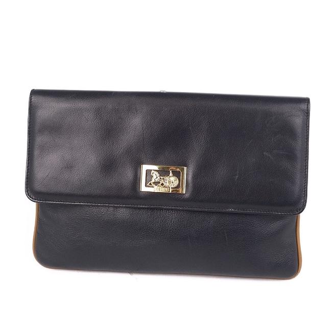 Celine Carriage Metal Fittings Gold Black Leather Clutch