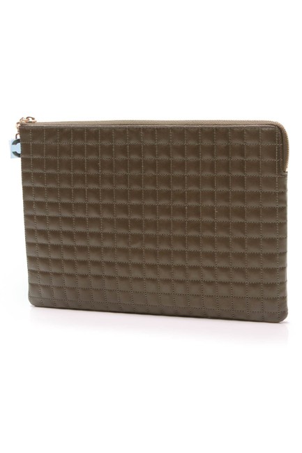 Celine Charm Quilted Pouch Khaki Green Calfskin Leather Clutch