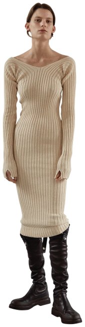 Celine Cream Ribbed Knit Mid length Casual Maxi Dress12 L