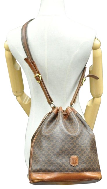 Celine Shoulder Drawstring Black Italy Tote Brown Leather Cross Body Bag