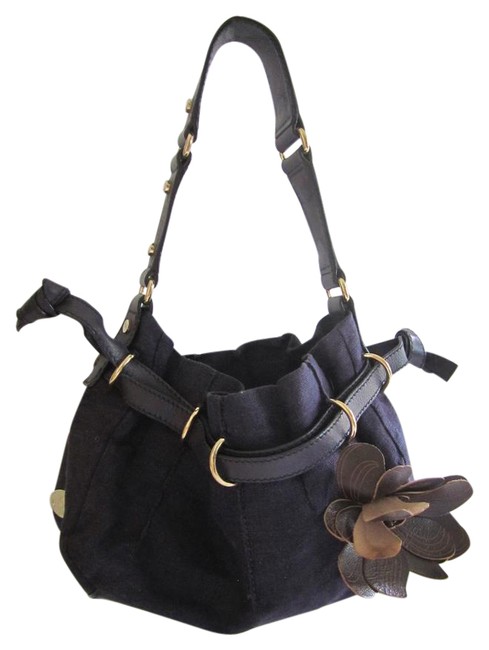 Celine Floral Applique Handbag Royal Blue Linen and Leather Hobo Bag