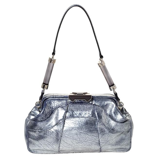 Celine Frame Metallic SilverBlue Crackled Leather Pushlock Satchel