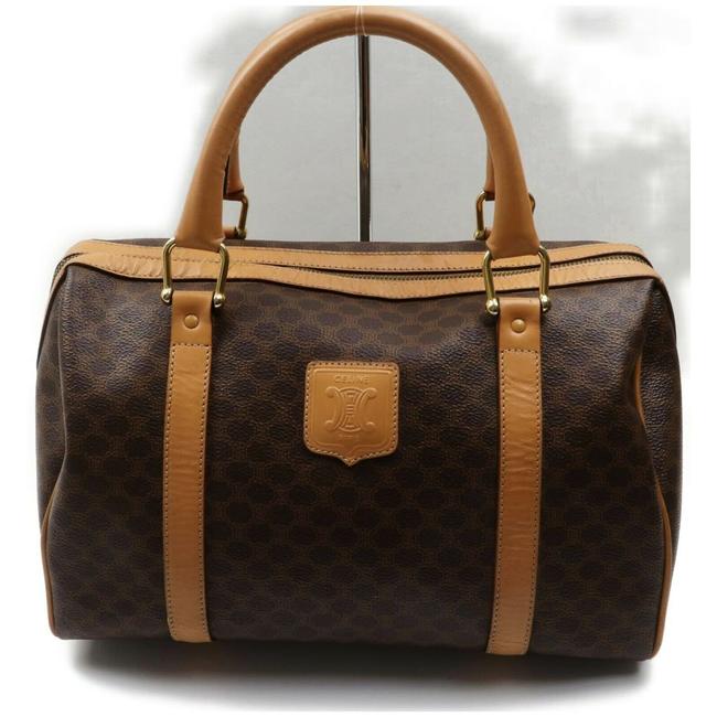 Celine LeatherCoated BrownCamel Macadam Print LeatherCoated Canvas Satchel