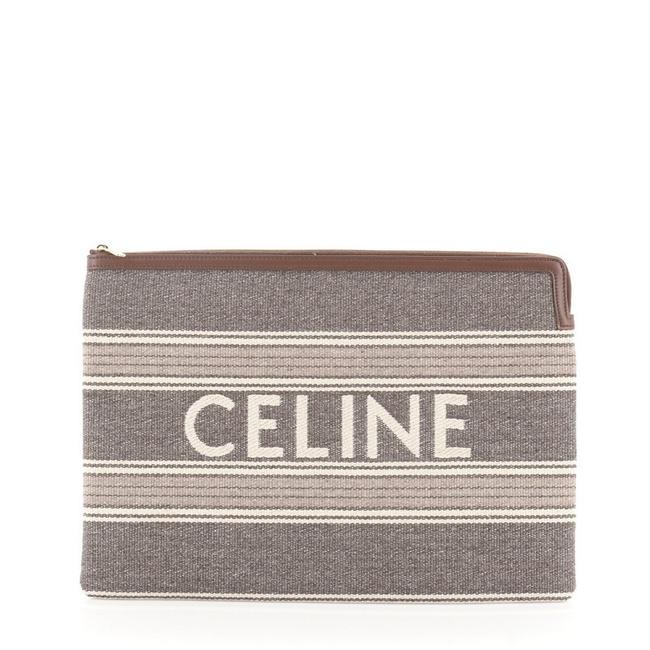 Celine Logo Zip Pouch Large Brown Green Neutral Jacquard Clutch