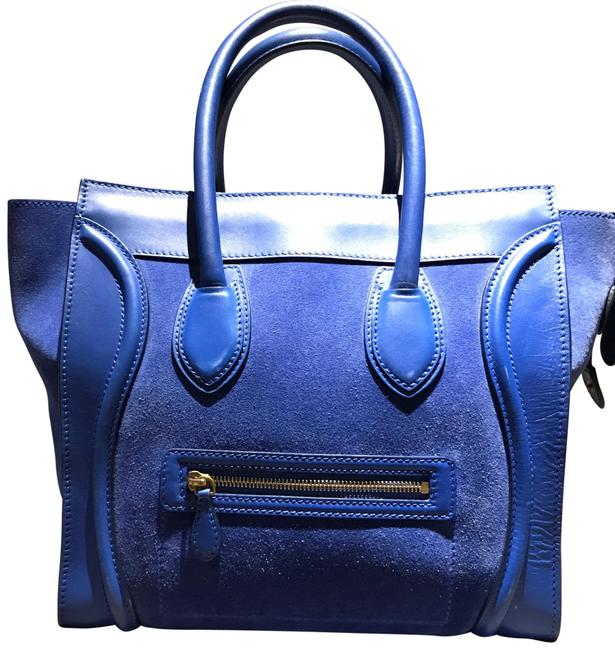 Celine Luggage Mini Blue Suede Leather and Leather Satchel