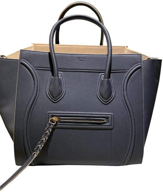 Celine Luggage Phantom Navy with Tan Piping Calfskin Leather Satchel