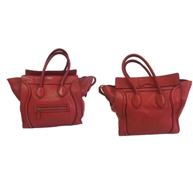 Celine Luggage Tote Cherry Red Calfskin Leather Satchel