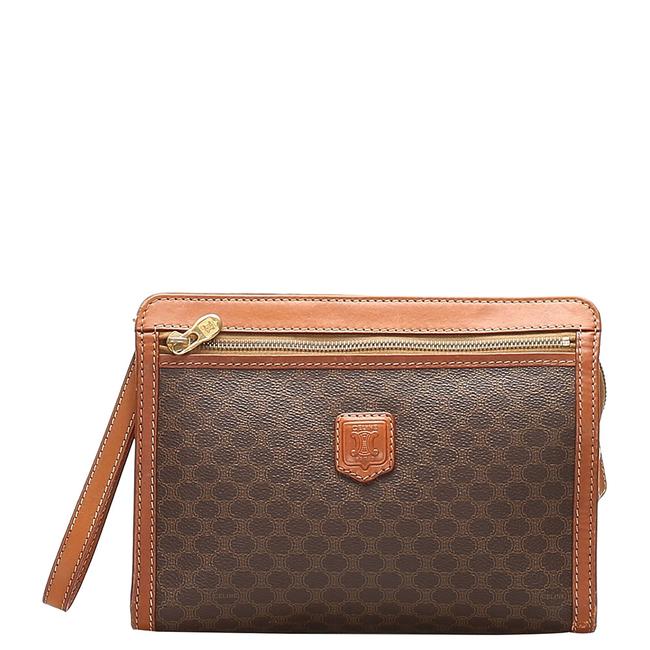Celine Macadam Brown Coated Canvas Bag Clutch