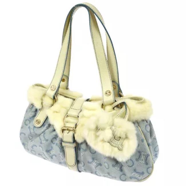 Celine Macadam Fur Canvas Hand Light Blue Satchel