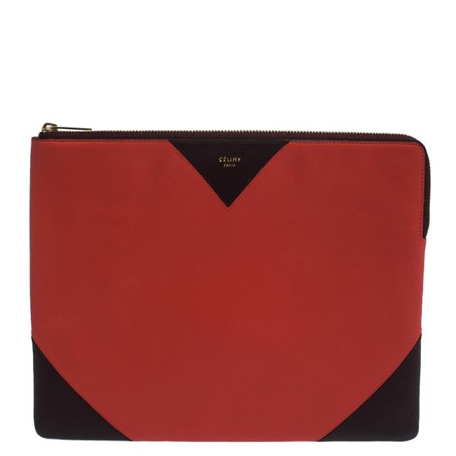 Celine OrangeMaroon Leather Ipad Vermillon Zip Pouch Clutch