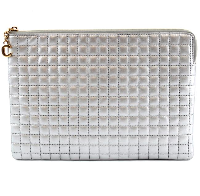 Celine Portfolio #33917 Quilted Zippy Silver Calfskin Leather Clutch