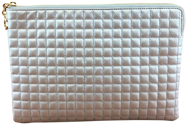 Celine Portfolio Quilted Zippy Calfskin Leather Silver Clutch