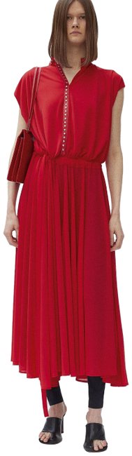 Celine Red Crepe Viscose Jersey Studded Neck Long Casual Maxi Dress0 XS