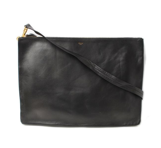 Celine Shoulder Bag Trio Lambskin Large Silver 2way Black Leather Clutch