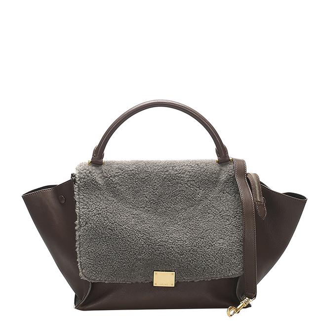 Celine Trapeze BrownGrey LeatherShearling Bag Satchel