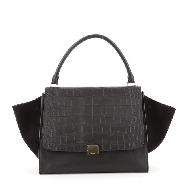 Celine Trapeze Crocodile Embossed Large Black Leather Satchel