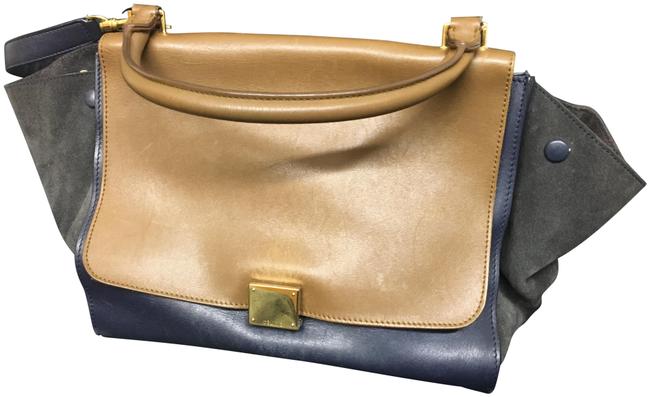 Celine Trapeze Handbag Gold Tone Tricolor Brown Blue Leather Satchel
