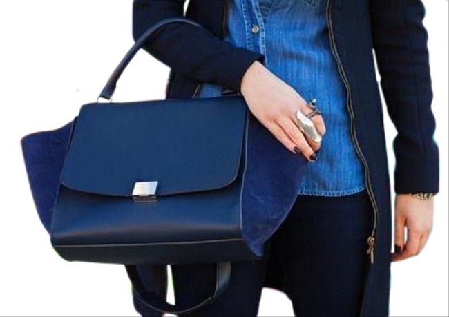 Celine Trapeze Medium Navy Blue Leather Satchel