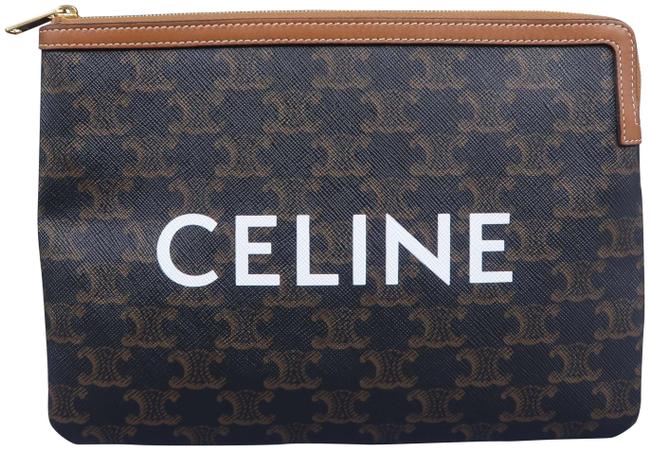 Celine Triomphe Black and Brown Canvas Clutch