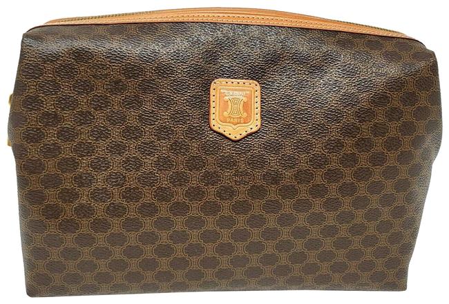 Celine Vintage Medium Pouch Brown Canvas and Leather Clutch