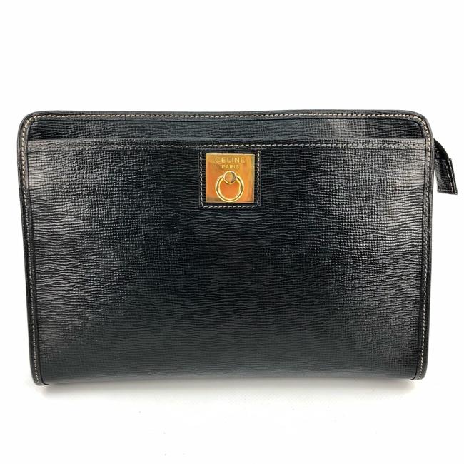 Celine W PurseHandbagPouchCosmetic Logo Black Leather Clutch
