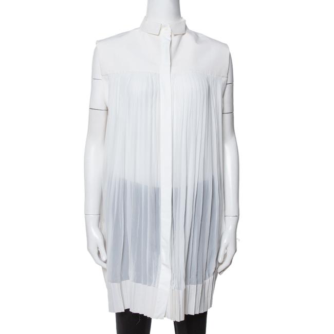 Celine White Cotton Pleated High Low Hem Blouse