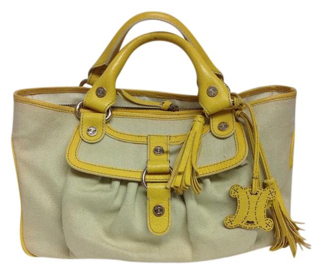 Celine With Yellow Leather Trim Beige Linen Satchel