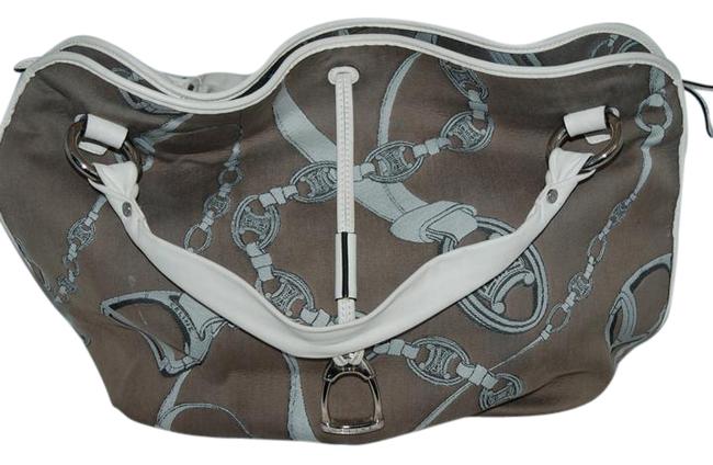 Celine Cabas W 781216 Vintage Horse Logo WLeather Trim BeigeWhite FabricLeather Tote