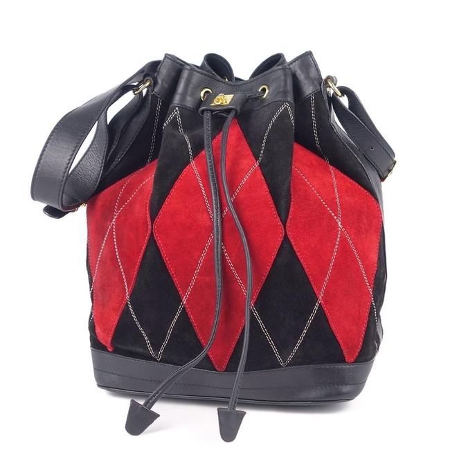 Celine Argyle Drawstring Leather Ladies BlackRed Color Suede Shoulder Bag