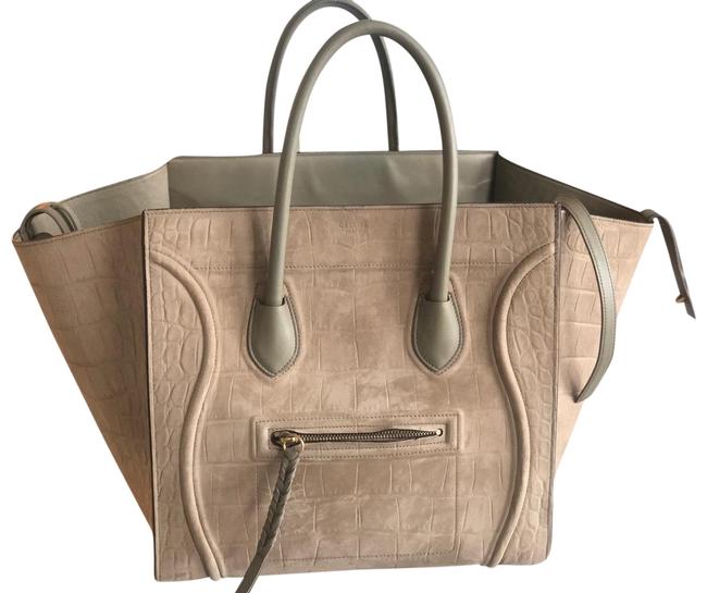 Celine Cabas Phantom Embossed Taupe Suede Tote